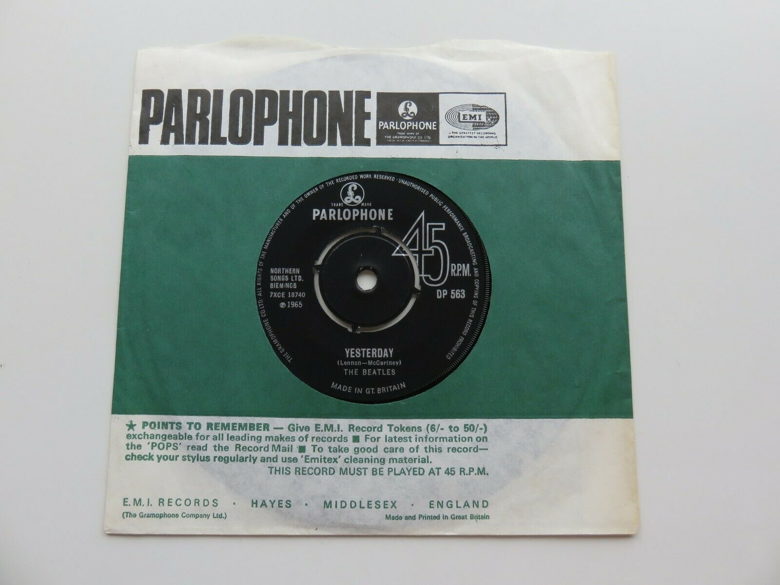 Pic 1 THE BEATLES 1965 EXPORT 45  YESTERDAY  DIZZY MISS LIZZY   PARLOPHONE  DP 563 EX+