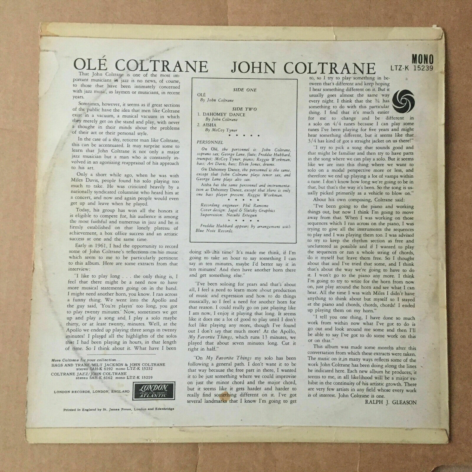 Pic 1 John Coltrane - Olé Coltrane 1962 UK  original Mono vinyl  LP