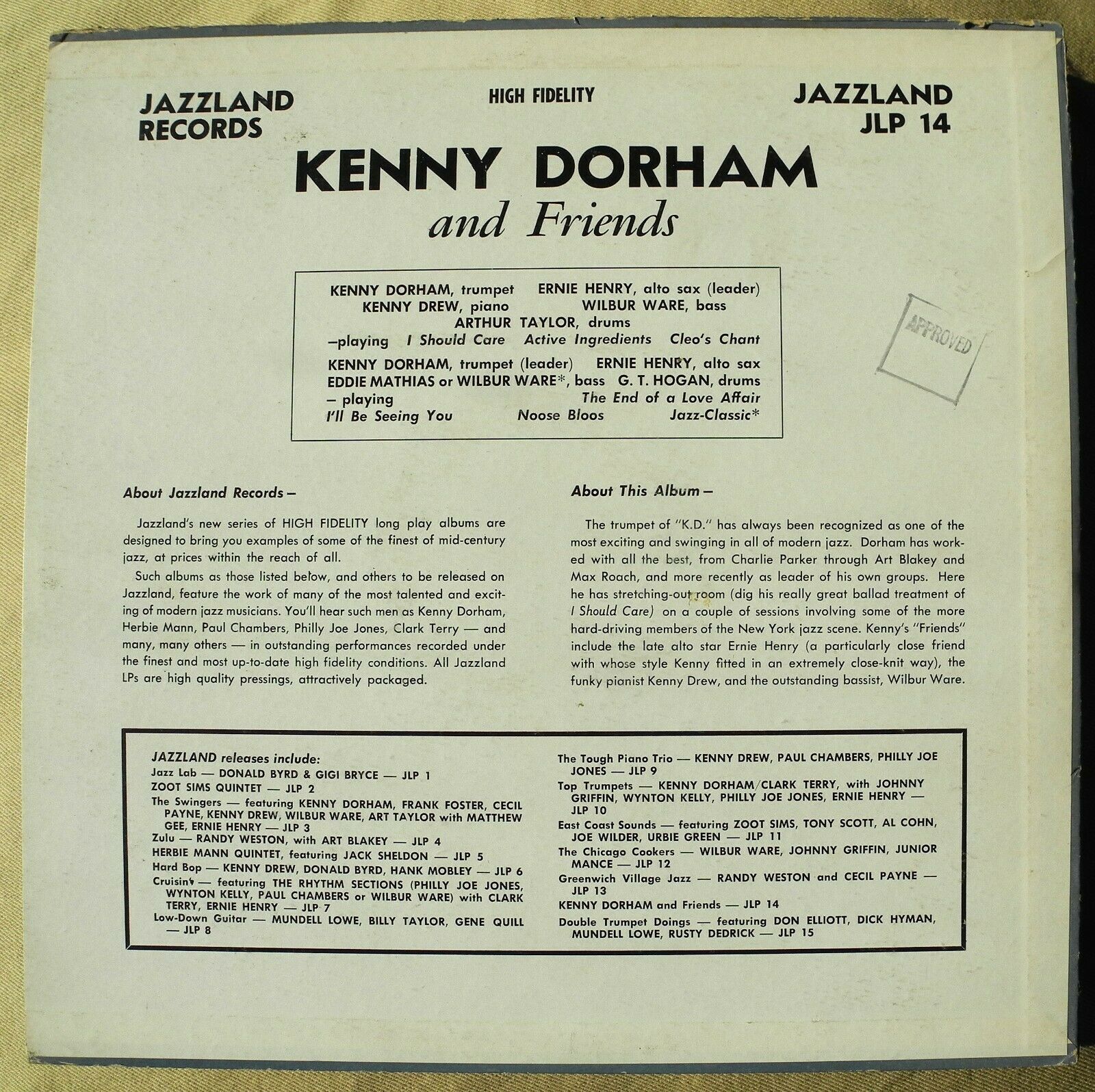 Pic 1 KENNY DORHAM & Friends Jazzland 14 FIRST PRESSING lp Ernie Henry Kenny Drew VG++